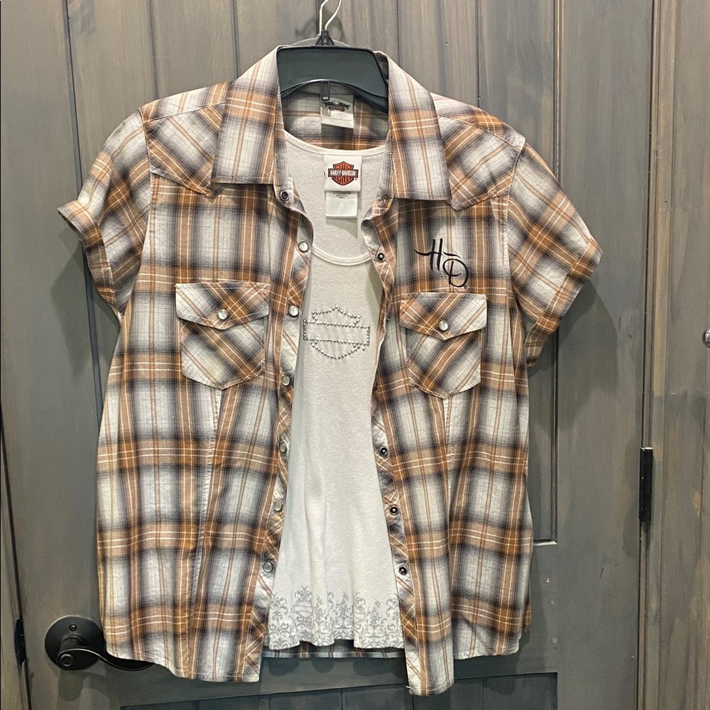 Harley-Davidson Brown and Cream Plaid Short Sleeve Button-Down Shirt